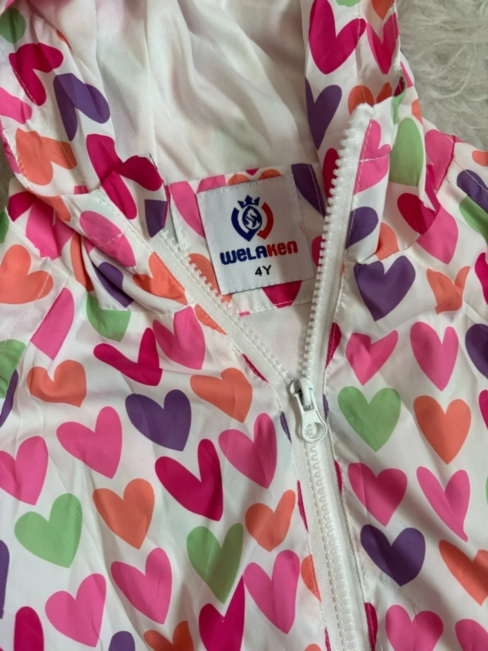 Girls' Colorful Heart-Print Hooded Raincoat/Windbreaker Jacket